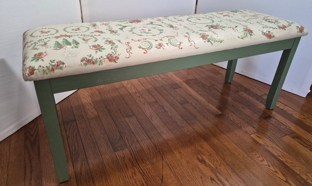 Hand-Painted Upholstered Bench – Beige & Fern Green