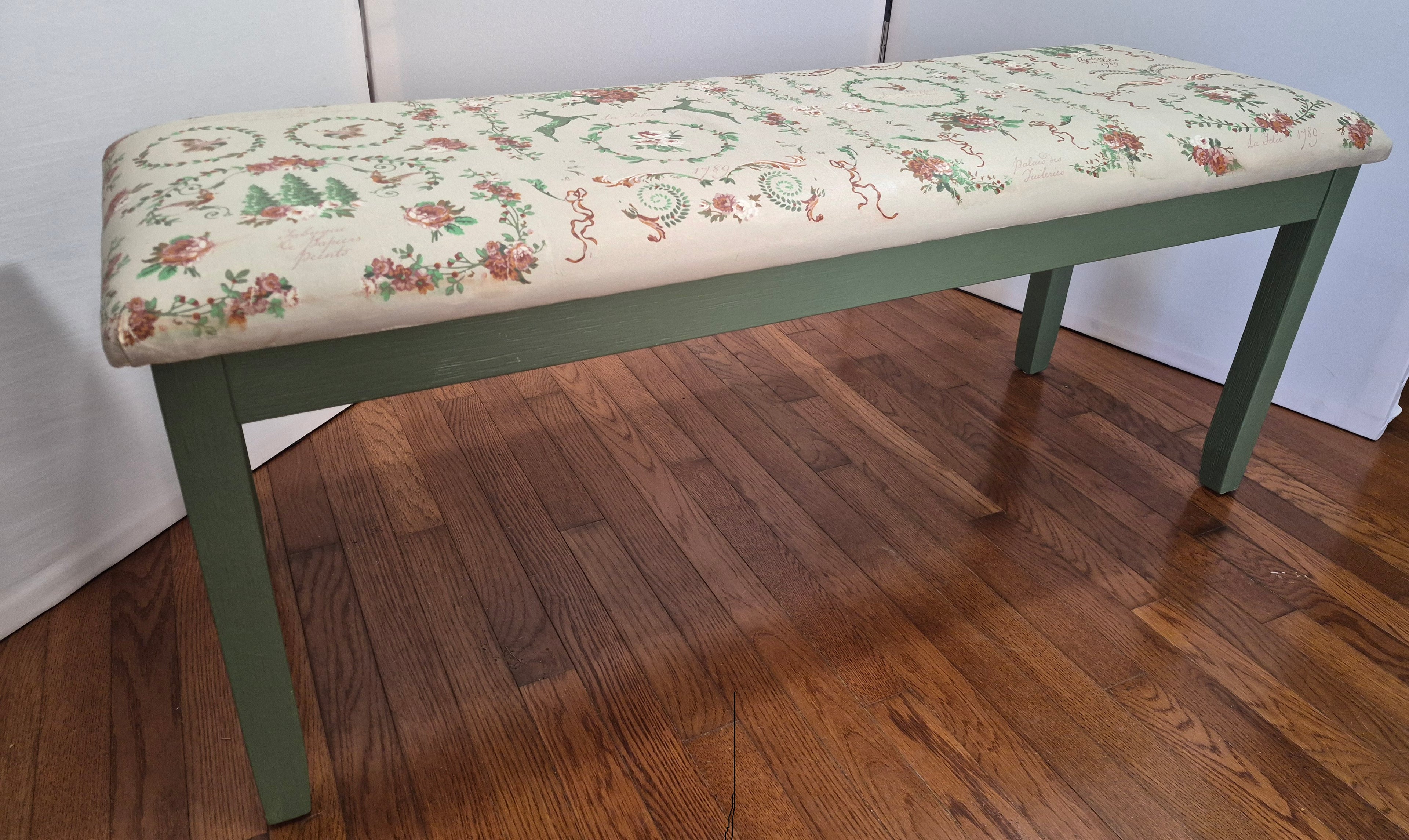 Hand-Painted Upholstered Bench – Beige & Fern Green