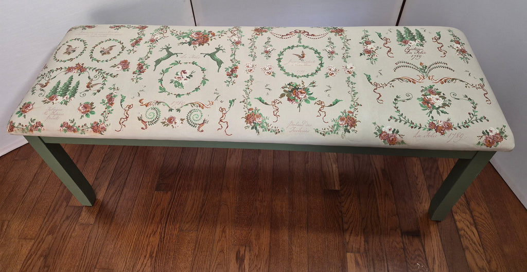 Hand-Painted Upholstered Bench – Beige & Fern Green