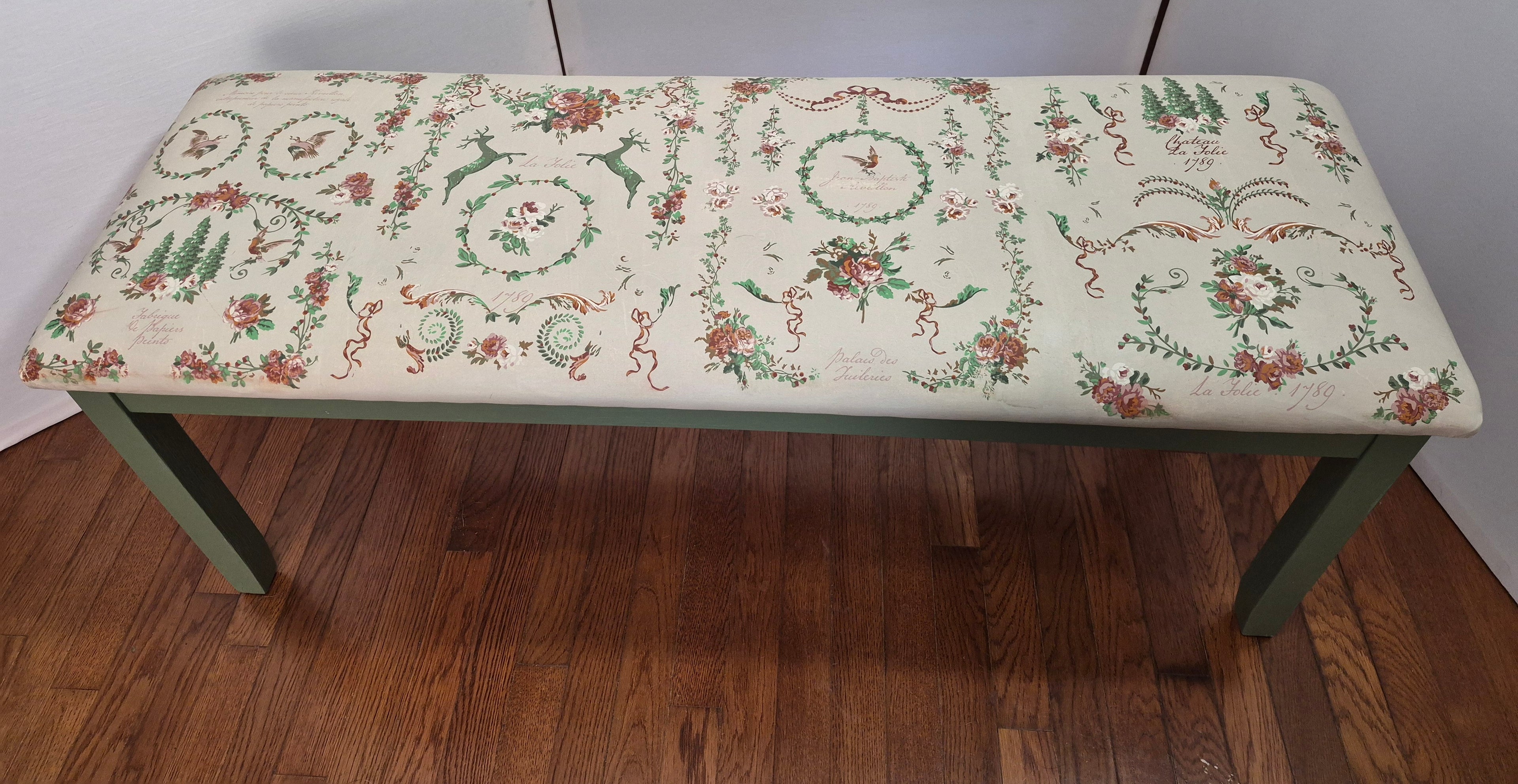 Hand-Painted Upholstered Bench – Beige & Fern Green