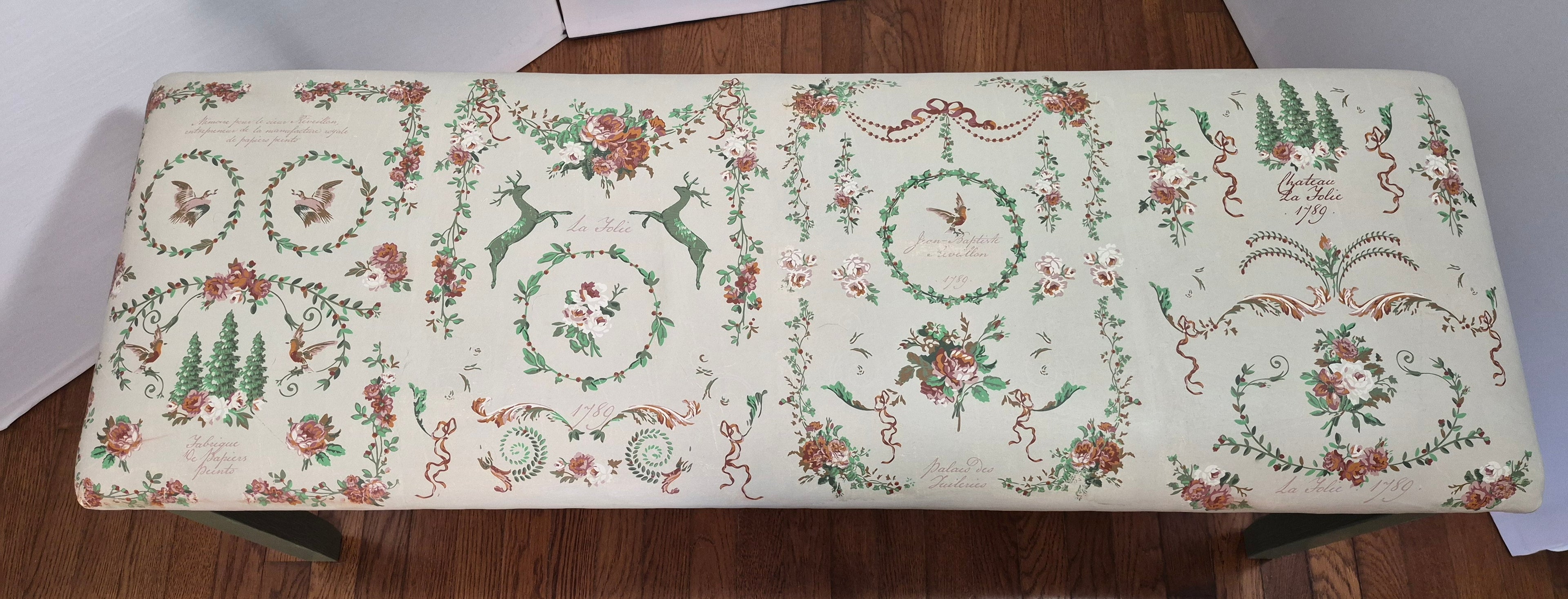 Hand-Painted Upholstered Bench – Beige & Fern Green