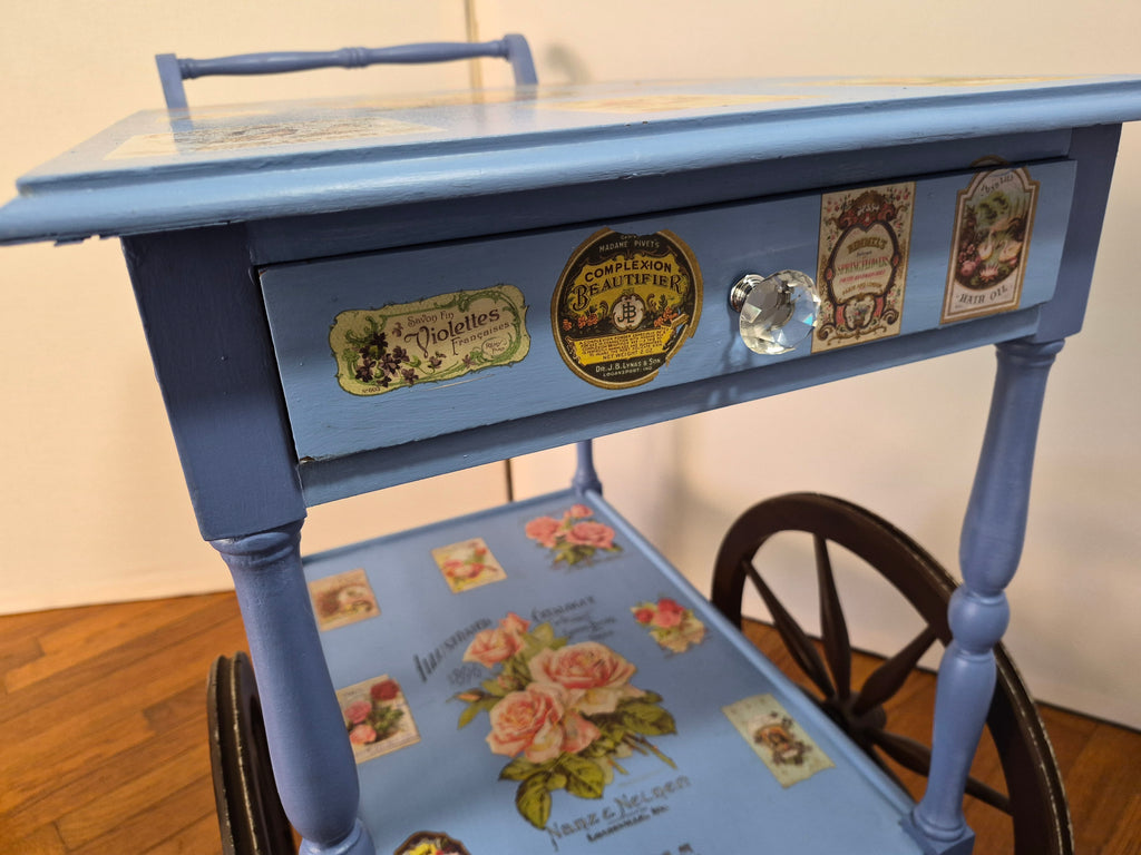 Vintage Wood Tea Cart with Original Wooden Wheels