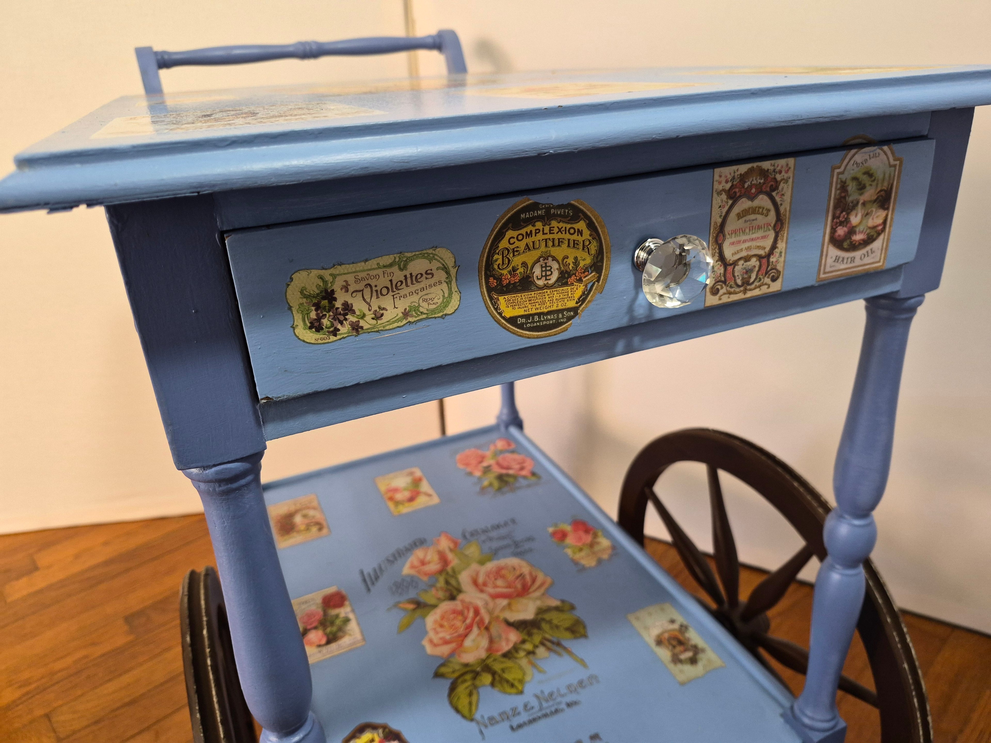 Vintage Wood Tea Cart with Original Wooden Wheels