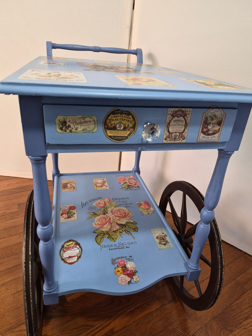 Vintage Wood Tea Cart with Original Wooden Wheels