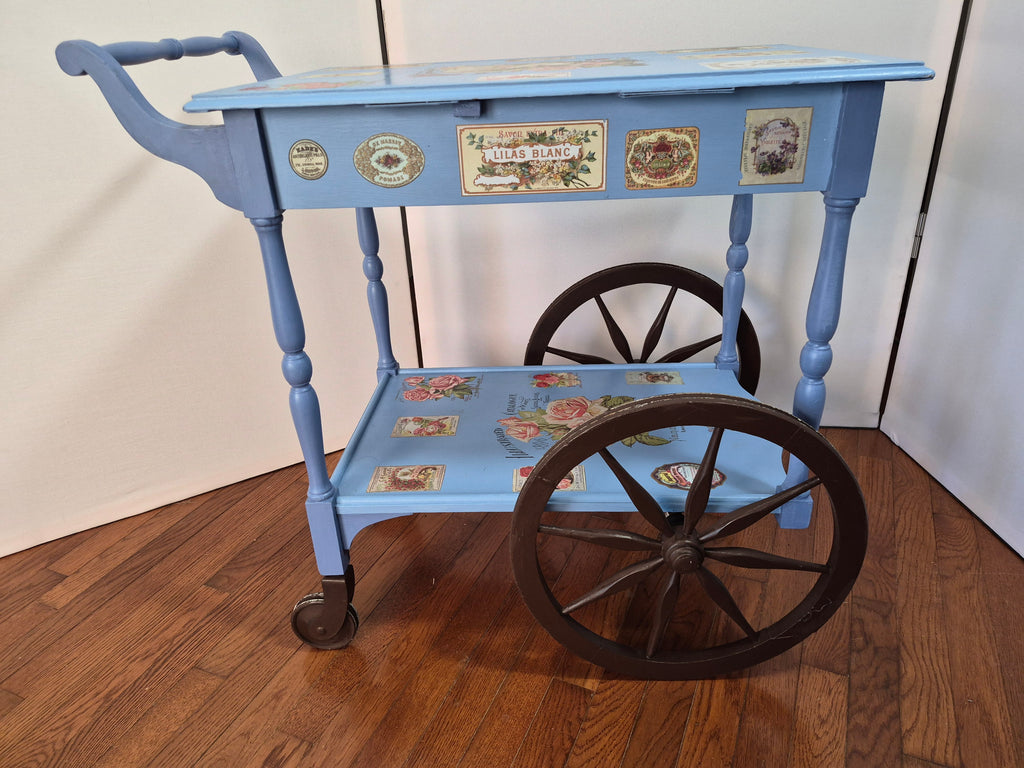 Vintage Wood Tea Cart with Original Wooden Wheels