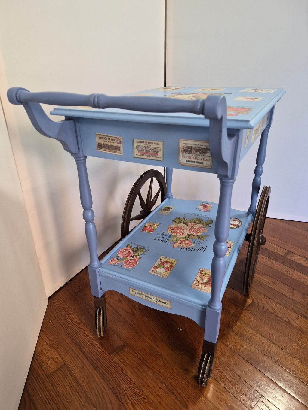 Vintage Wood Tea Cart with Original Wooden Wheels