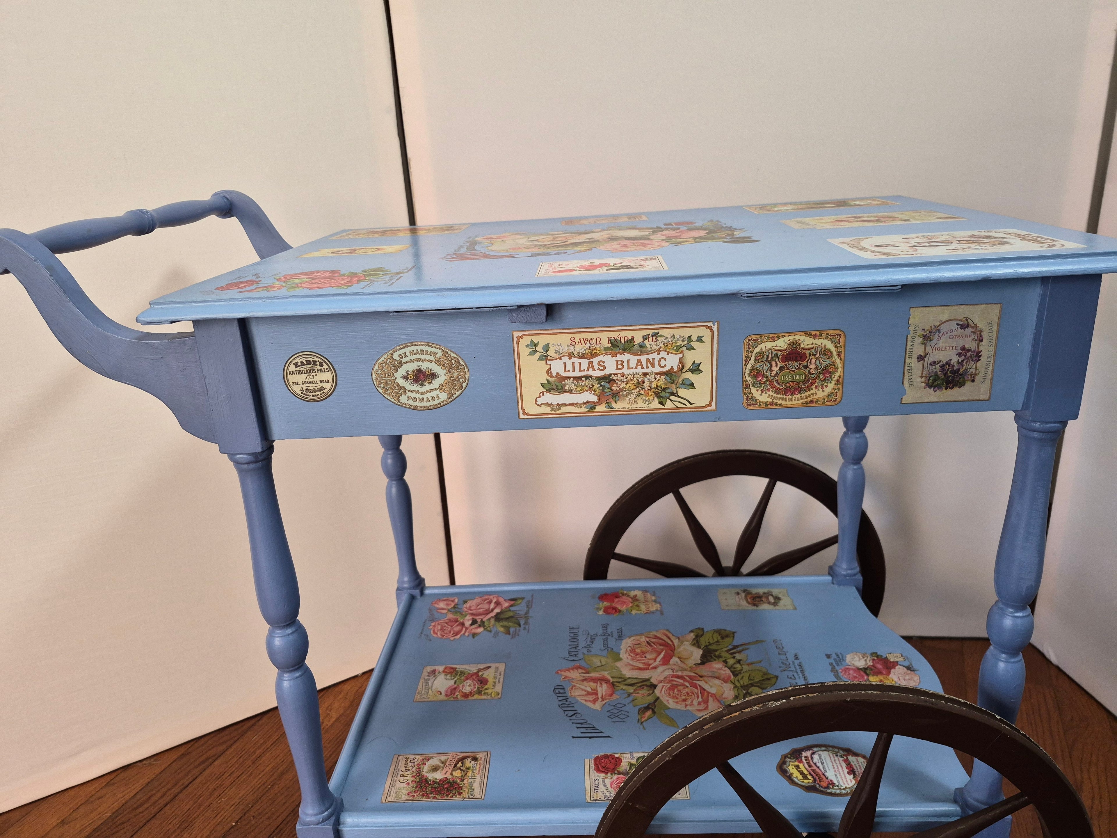 Vintage Wood Tea Cart with Original Wooden Wheels