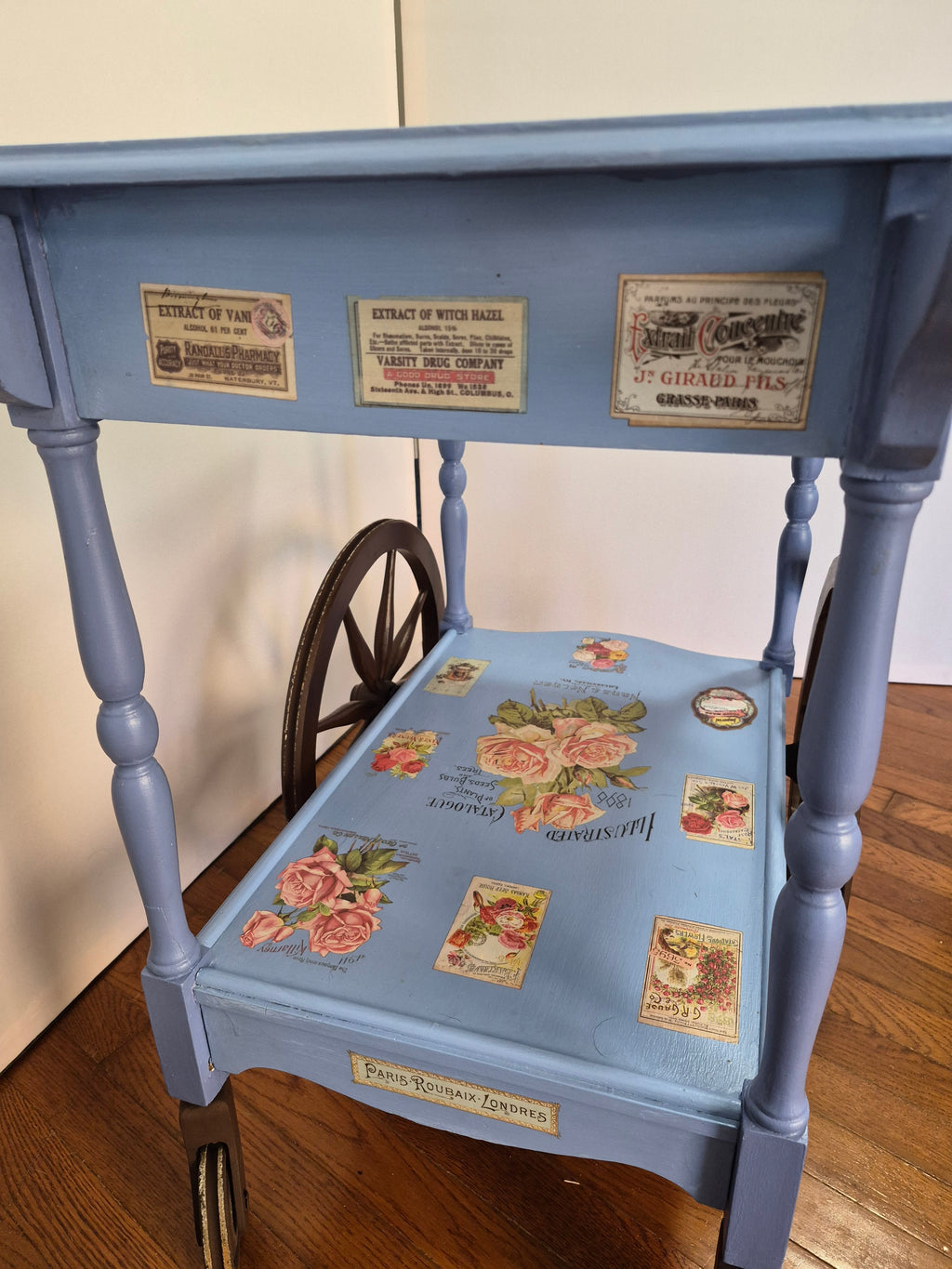 Vintage Wood Tea Cart with Original Wooden Wheels
