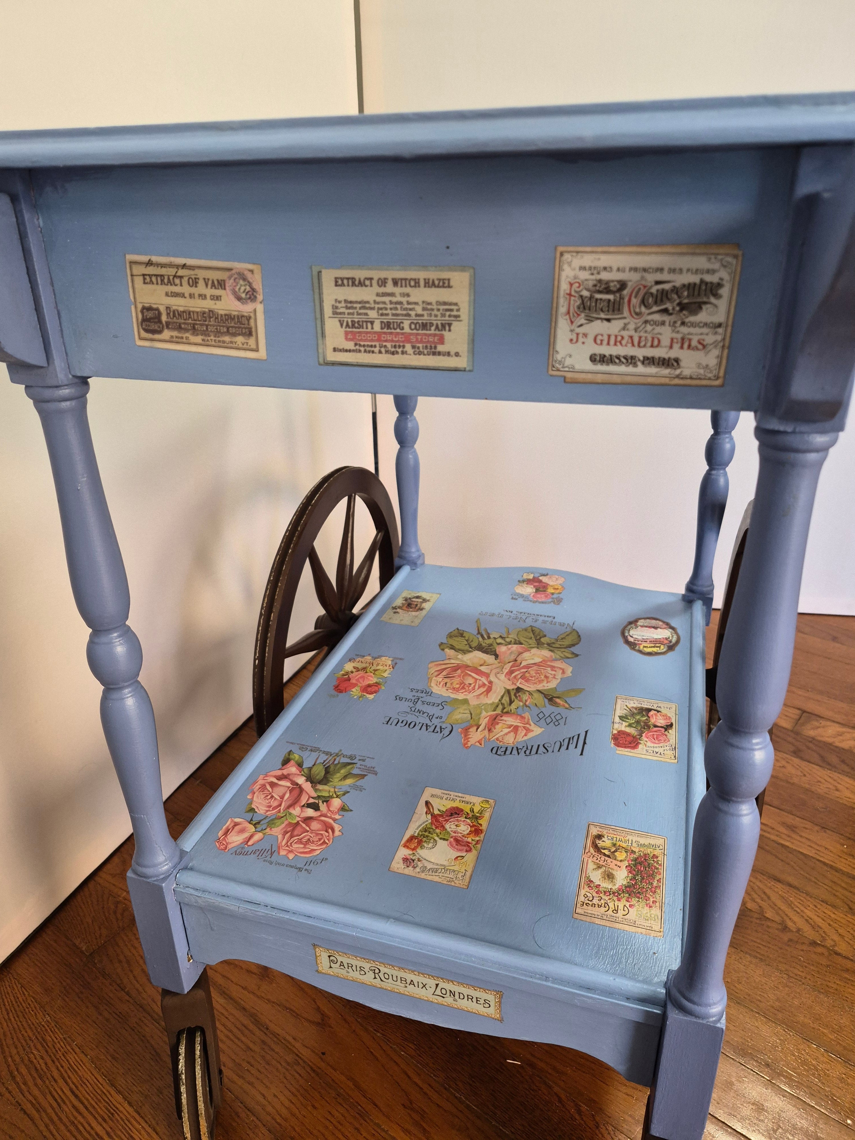 Vintage Wood Tea Cart with Original Wooden Wheels