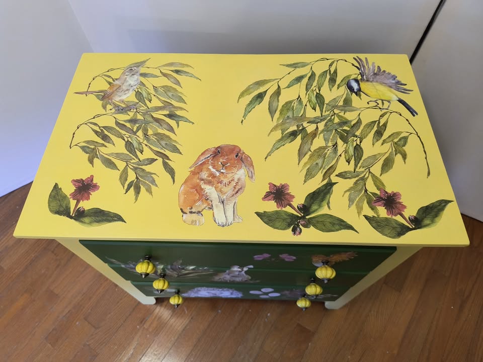 Children's Green & Yellow Dresser – Animal & Floral Motifs