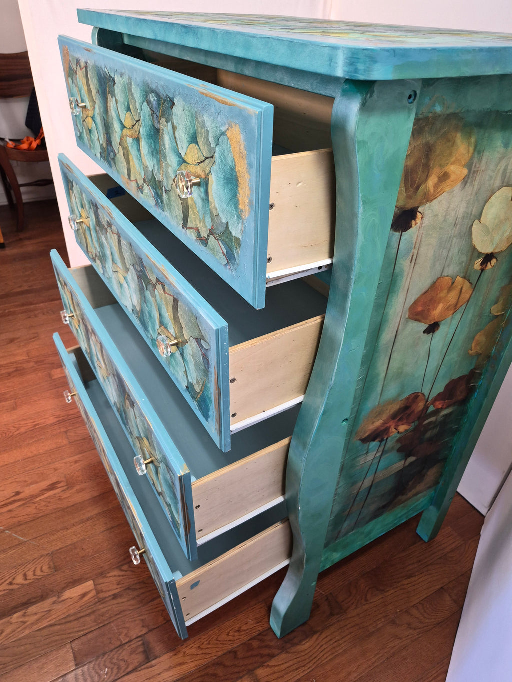 Teal Ginkgo Dresser with Gold Accents