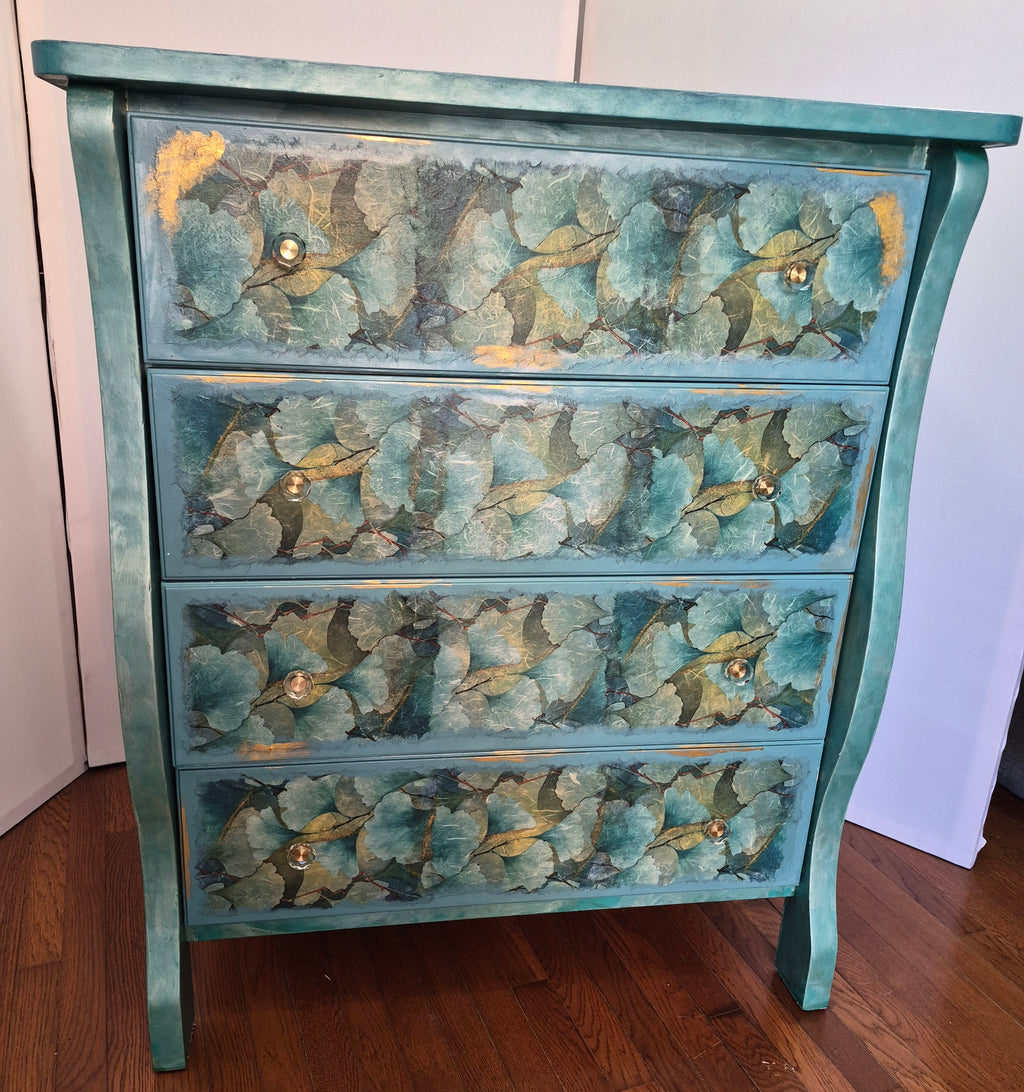 Teal Ginkgo Dresser with Gold Accents