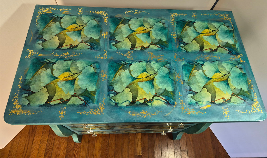 Teal Ginkgo Dresser with Gold Accents
