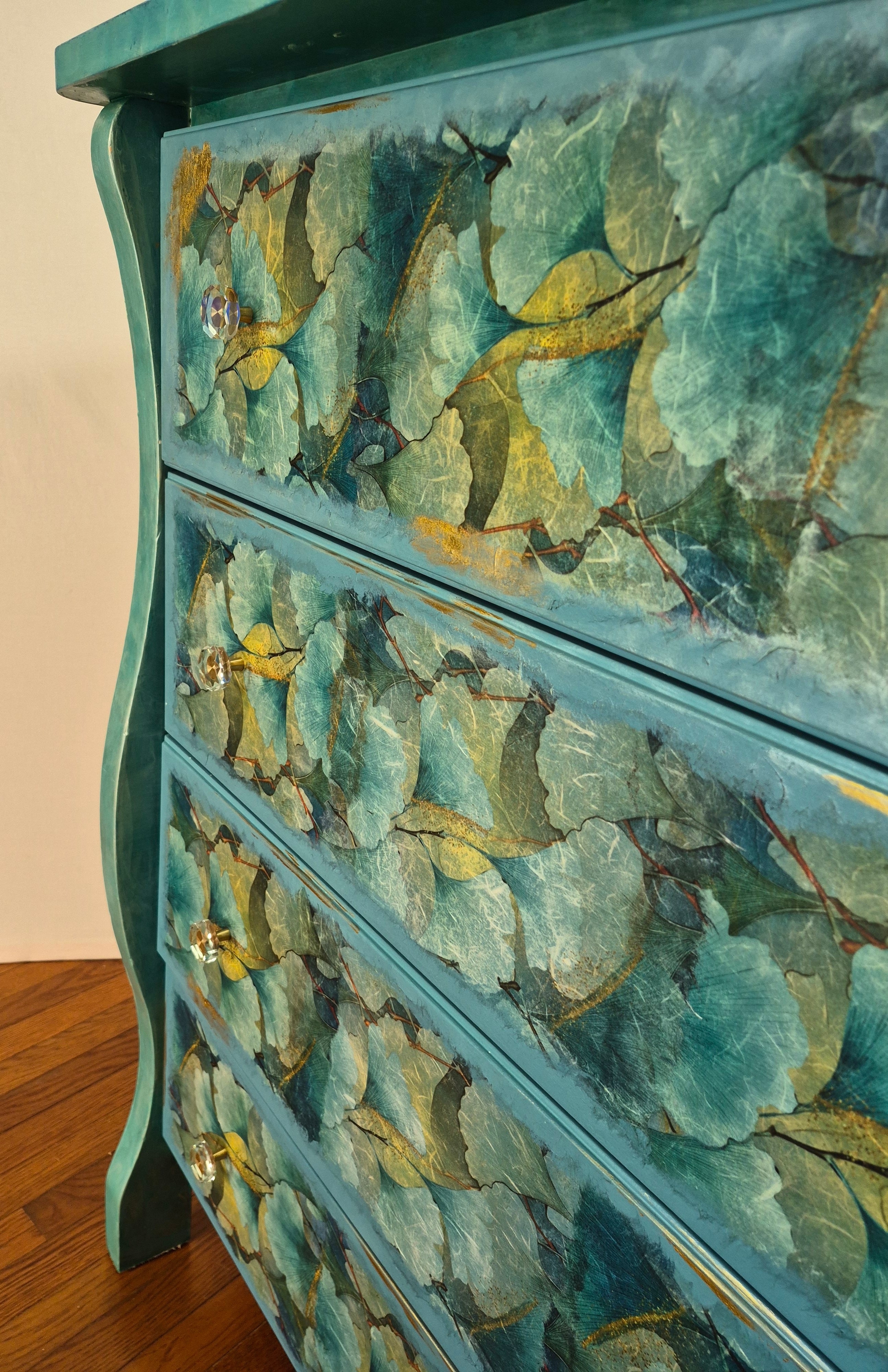 Teal Ginkgo Dresser with Gold Accents