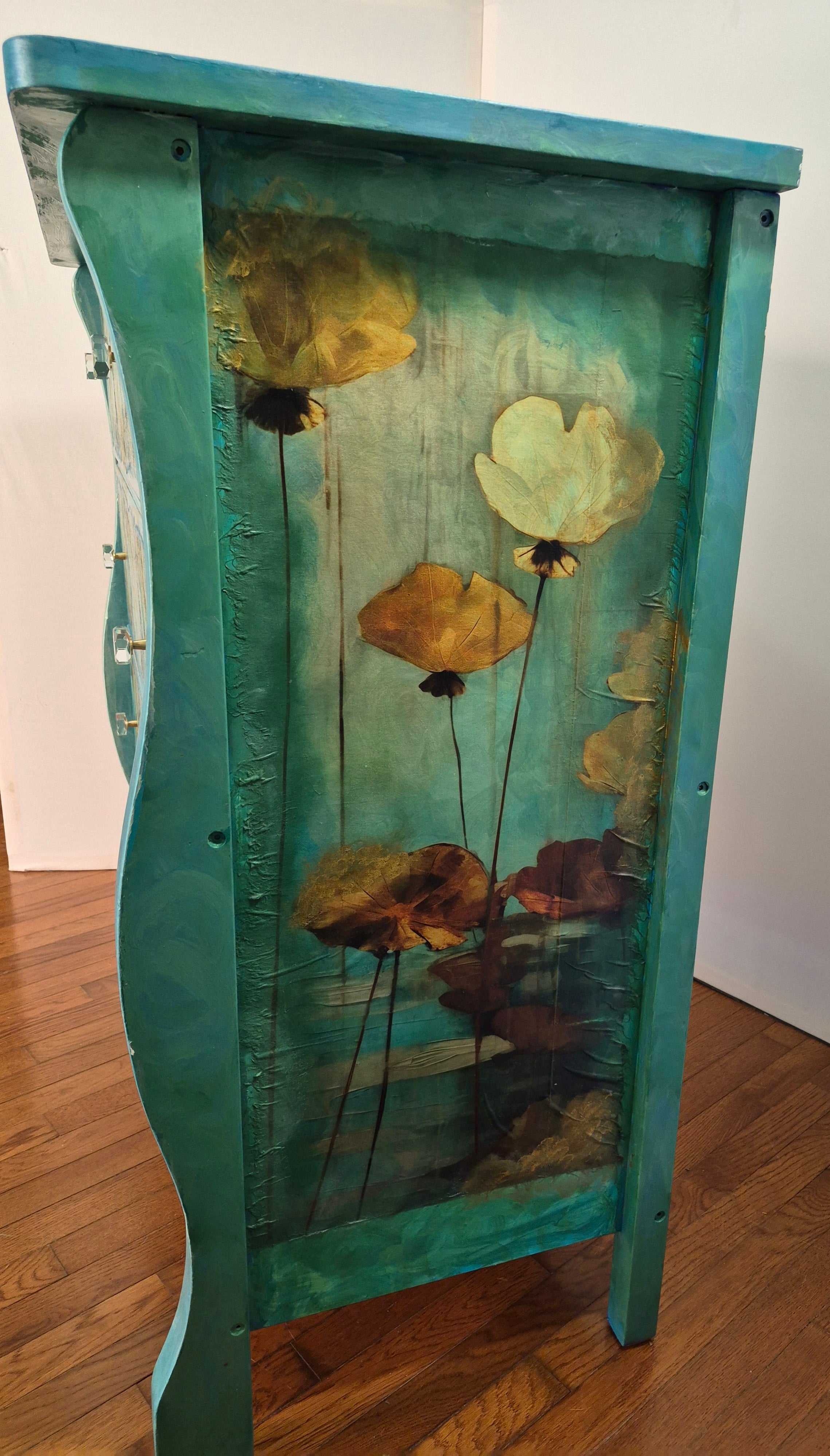 Teal Ginkgo Dresser with Gold Accents