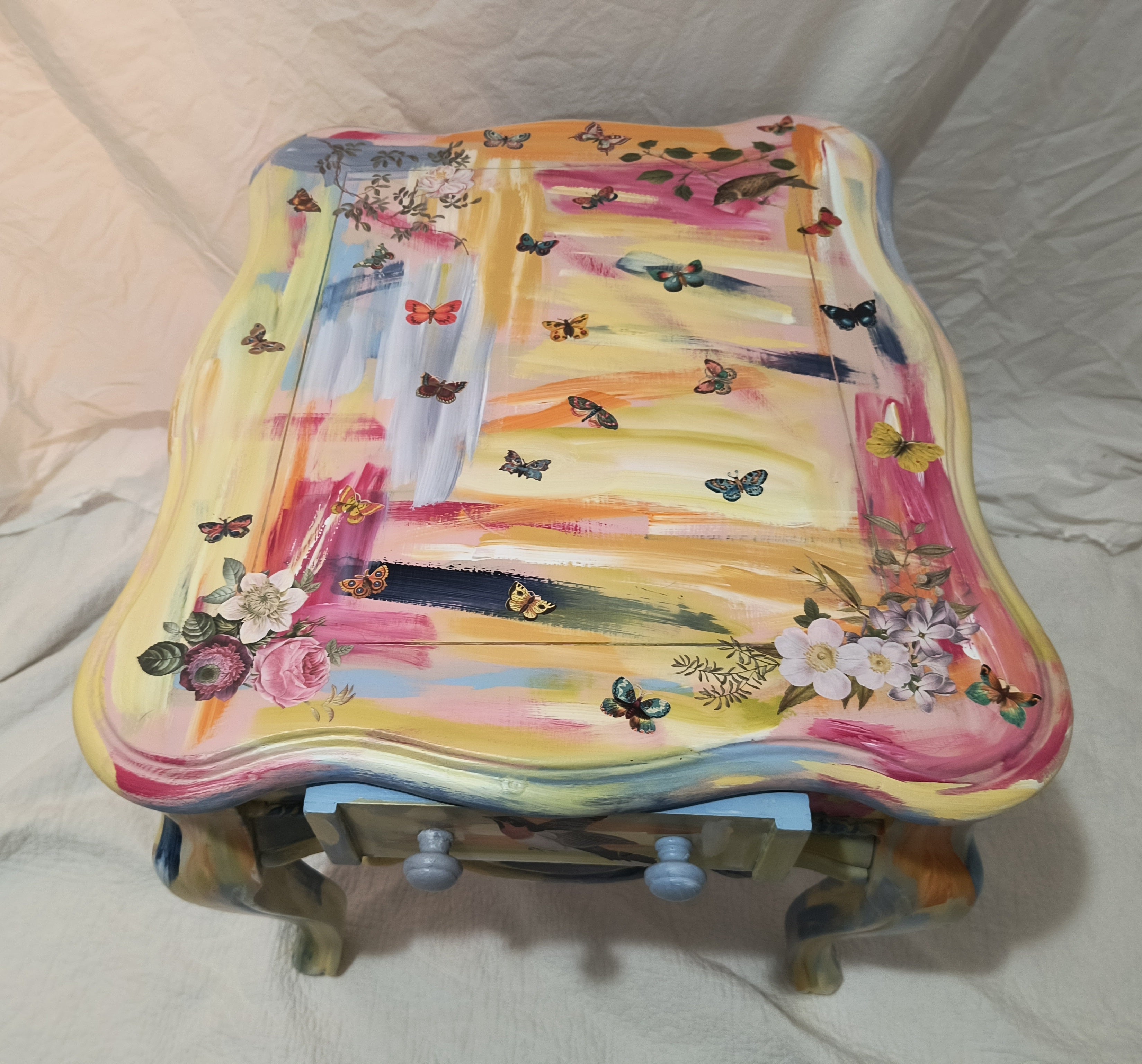 Hand-Painted Children's Activity Table – Multicolor Nature & Floral Motifs