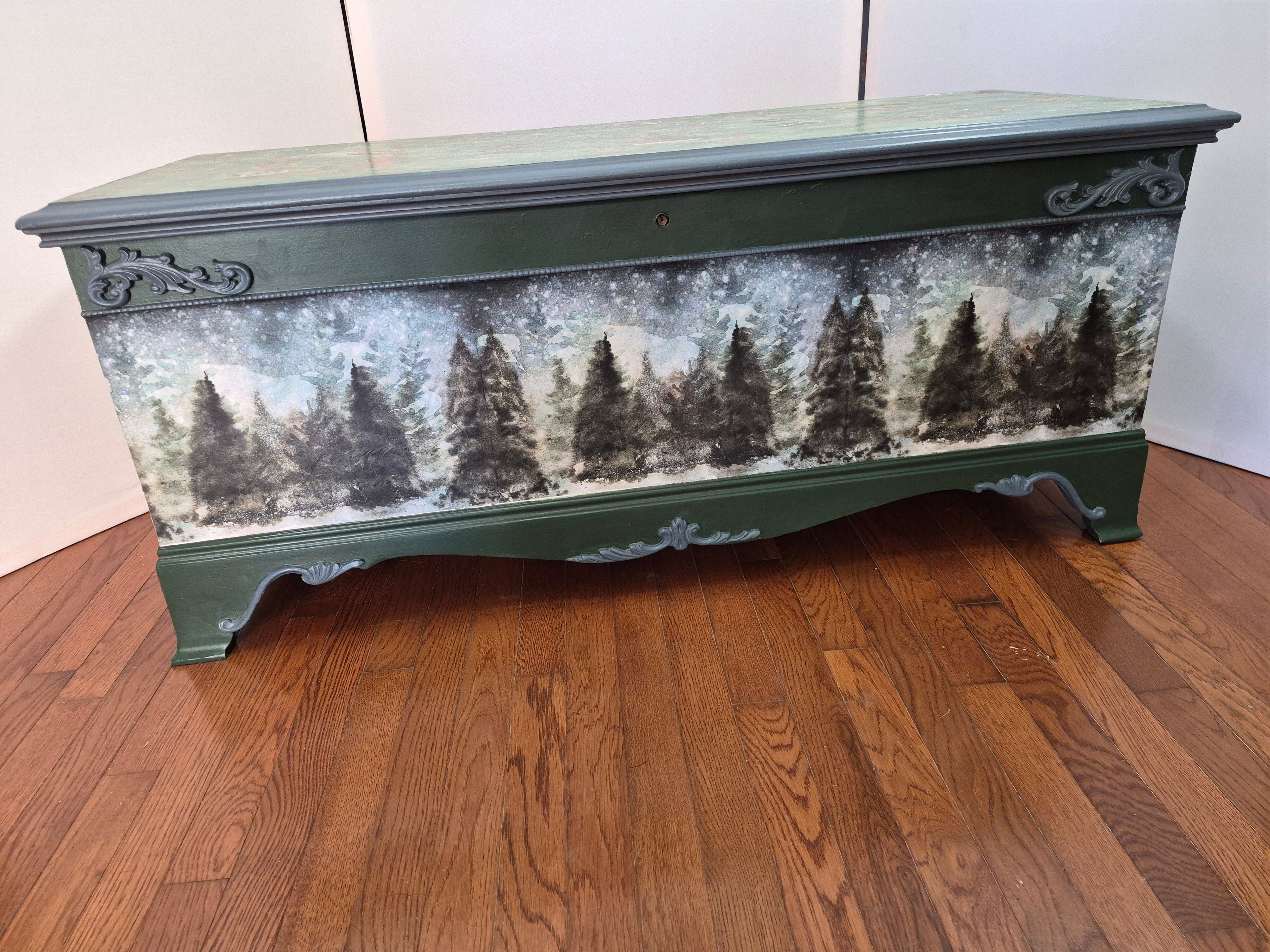 Hand-Painted Cedar-Lined Trunk – Winter Pine & Snow Motifs