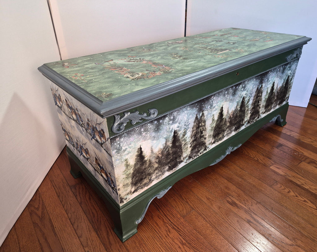 Hand-Painted Cedar-Lined Trunk – Winter Pine & Snow Motifs