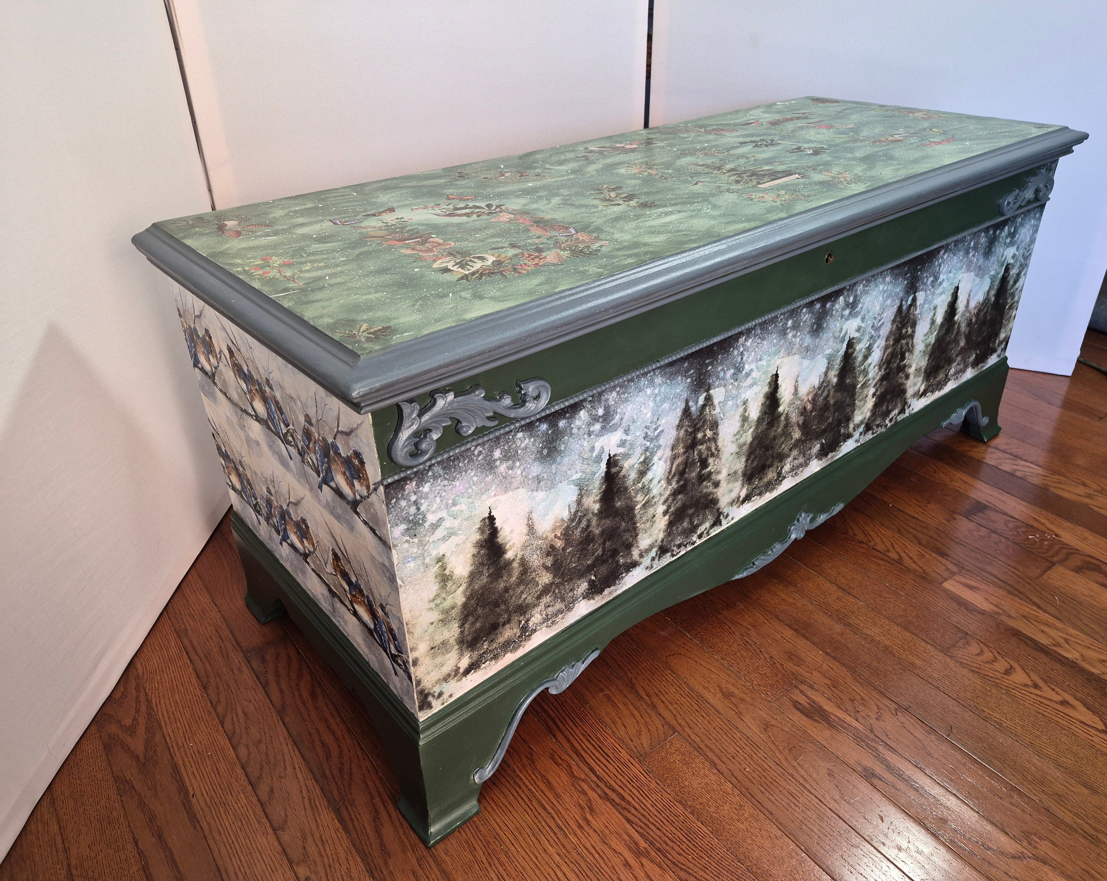 Hand-Painted Cedar-Lined Trunk – Winter Pine & Snow Motifs