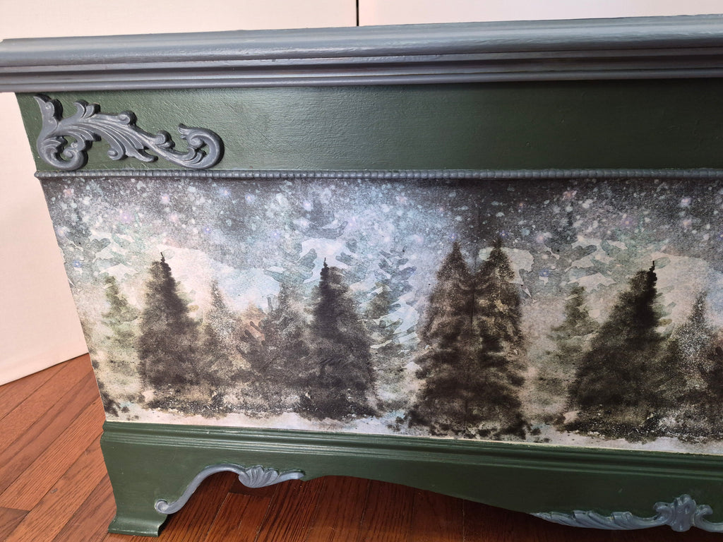 Hand-Painted Cedar-Lined Trunk – Winter Pine & Snow Motifs
