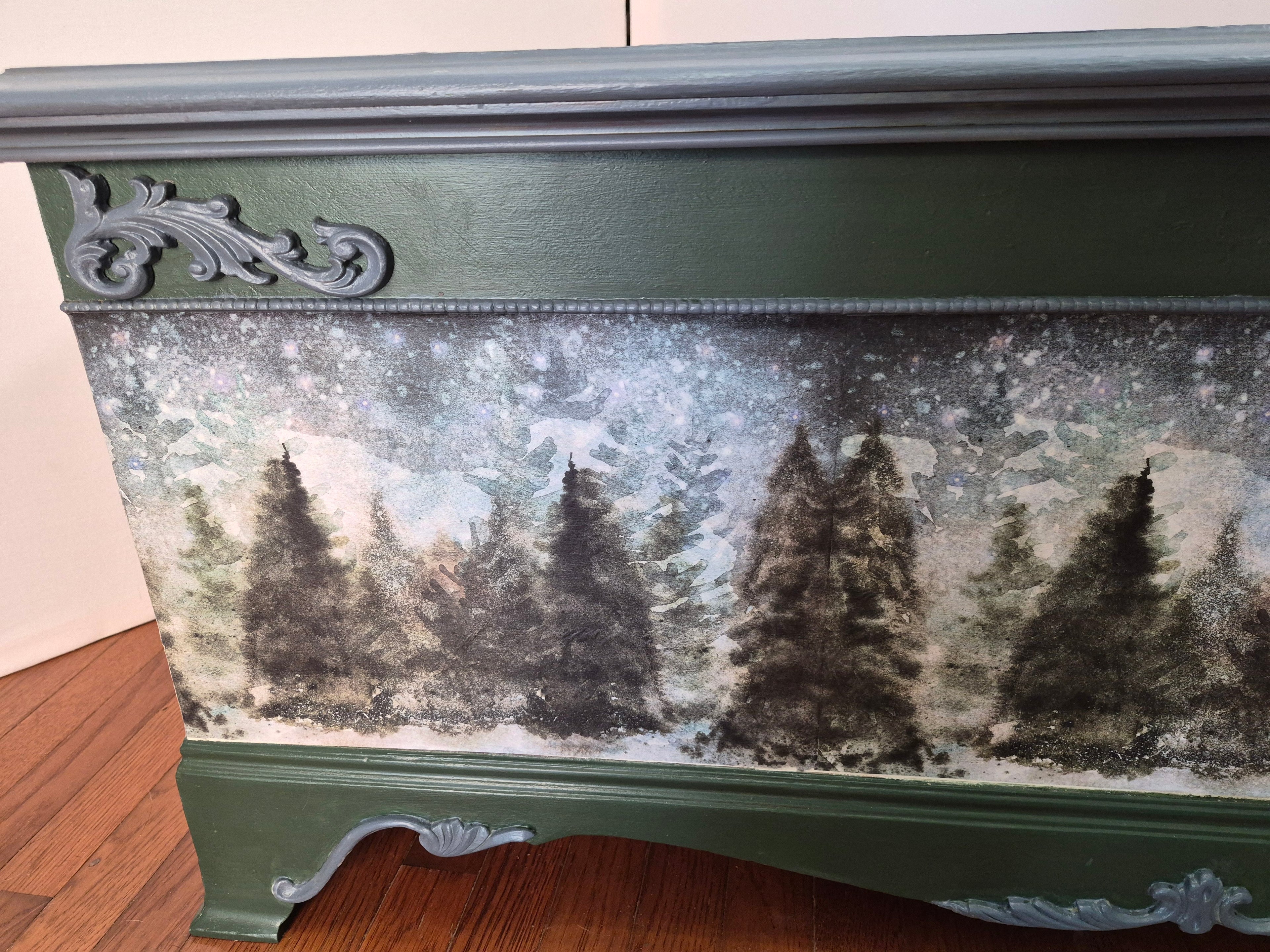 Hand-Painted Cedar-Lined Trunk – Winter Pine & Snow Motifs